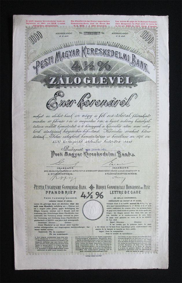 Pesti Magyar Kereskedelmi Bank záloglevél 1000 korona 1912 -i-